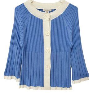 Covington Blue White Ribbed Button Cardigan Sweater M Retro Statement Knit